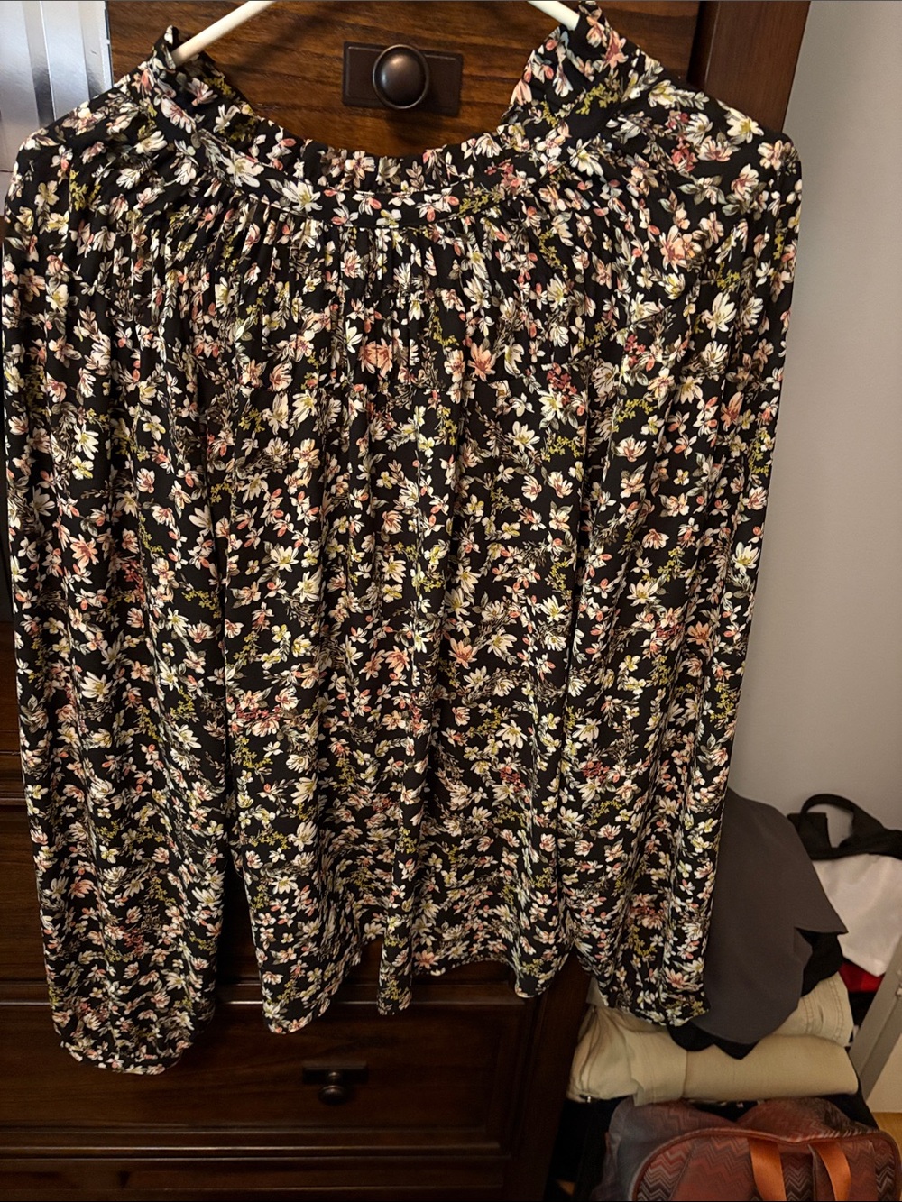 LOFT Black Floral Long-Sleeve Blouse